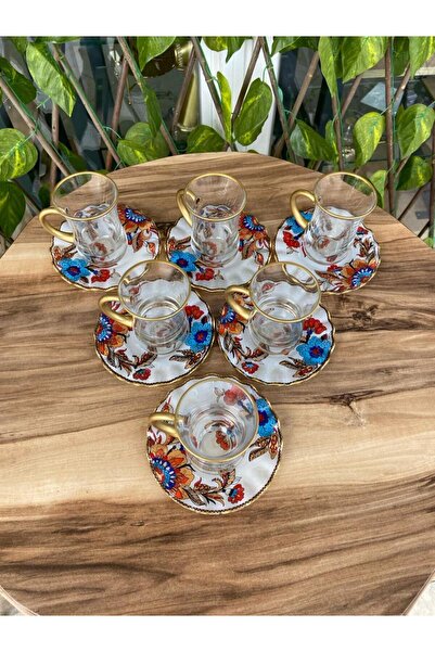 GÜRCÜGLASS White Flower Model Gold 12 Piece Tea Set with Handle