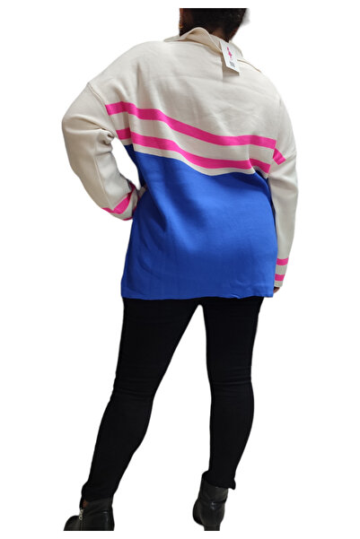 Styleistanbul Pulover de damă standard oversize cu dungi colorate, cu guler de cămașă