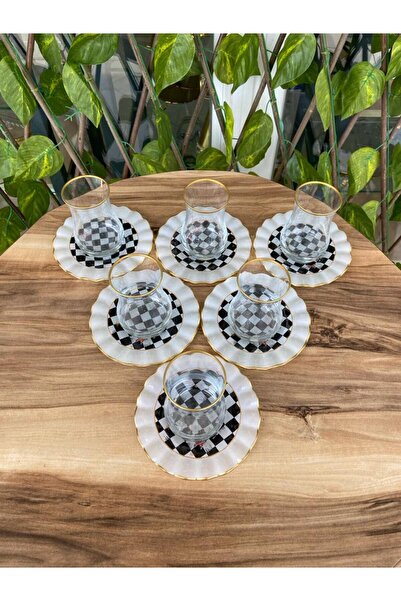 GÜRCÜGLASS Damalı model altın 12 prç çay seti.