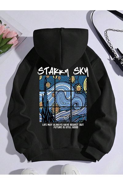 JDM Суитшърт с качулка и принт на гърба Starry Sky със специален дизайн, стандартна кройка