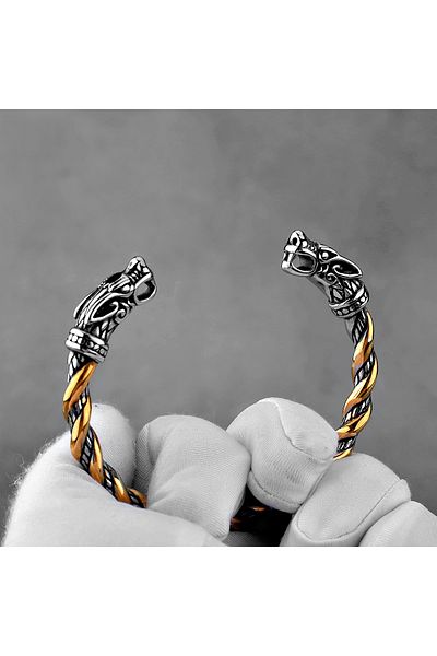 Viking Scandinavian Fenrir & Wolf Head Open Adjustable Stainless & Tarnish Resistant 316L Steel Bracelet