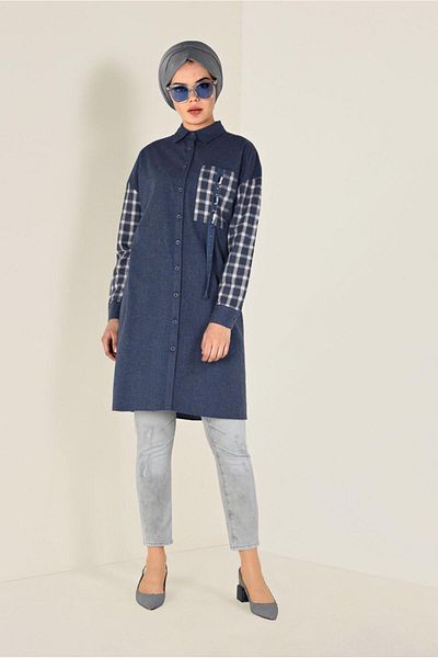 TRENDTESETTÜR Women's Navy Blue Buttoned Square Pattern Detailed Tunic 4633