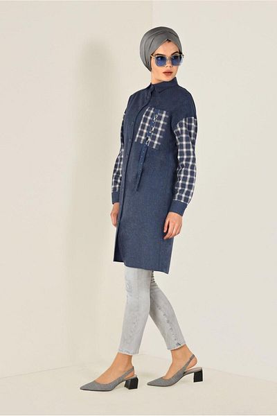TRENDTESETTÜR Women's Navy Blue Buttoned Square Pattern Detailed Tunic 4633
