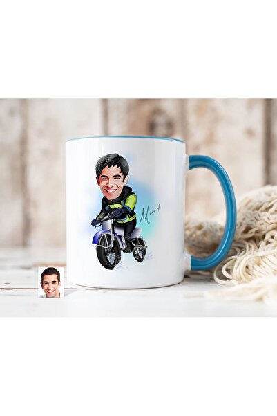 Bk Gift Kişiye Özel Motorcu Karikatürlü Mavi Kupa Bardak-1, Sevgiliye Hediye,...