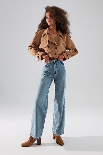 MAKRAS EXCLUSIVE Pargalı Power Lycra Blugi de damă, albastru deschis, cu talie înaltă, cu picioare largi, din denim