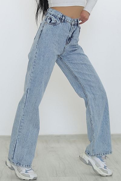 MAKRAS EXCLUSIVE Blugi largi de damă Selina albastru deschis Acid Snow Wash cu talie super înaltă