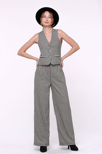 1Moda1Tarz Women's Checked Top Buttoned Lined Vest Bottom Pocket Buttoned Trousers Bottom-Top Set