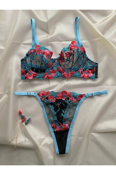 ARONA ADEL PINK-BLUE FLORAL EMBROIDERED BRODE BRA SET