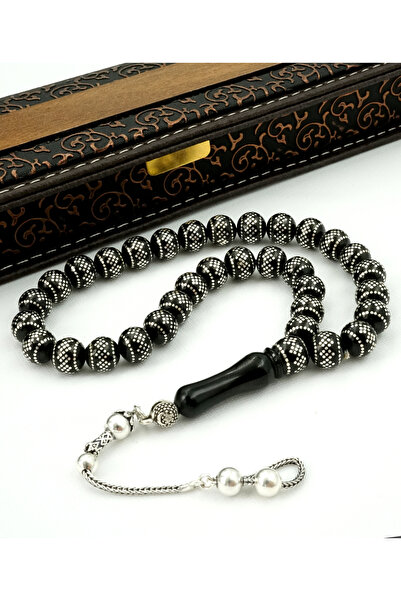 ANDİYANORA Orijinal Erzurum Oltu Taşı Tespih,1000 Ayar Gümüş Işlemeli Tesbih,...