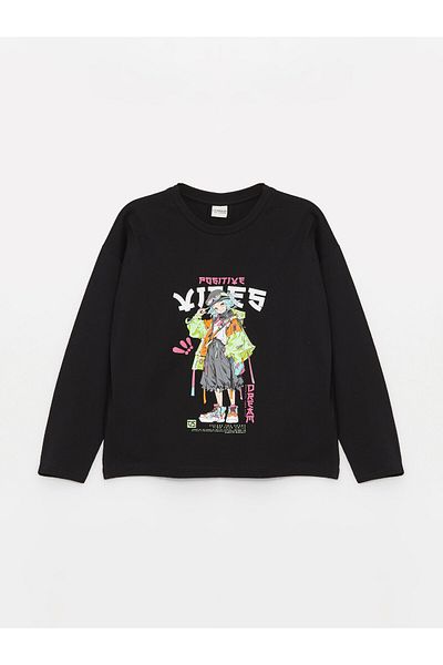 LC Waikiki Long Sleeve Printed Girl's T-Shirt - Crew Neck