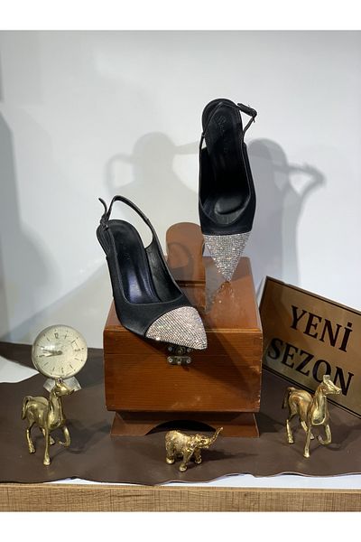 Beyoğlu Stone Embroidered Goblet Heel Pointed Toe Open Back Comfortable Fit Stylish Evening Dress Heeled Shoes