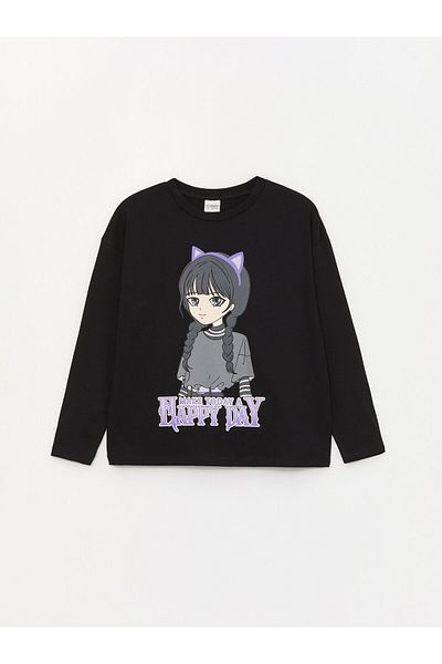 LC Waikiki Long Sleeve Printed Girl's T-Shirt - Crew Neck