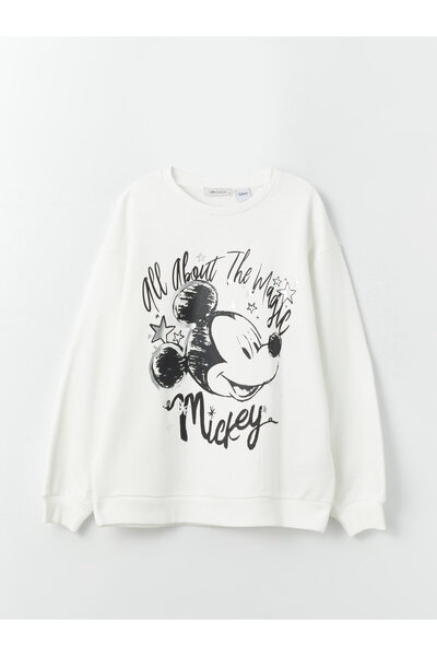LC Waikiki Langärmliges, übergroßes Damen-Sweatshirt mit Rundhalsausschnitt und Mickey-Mouse-Aufdruck