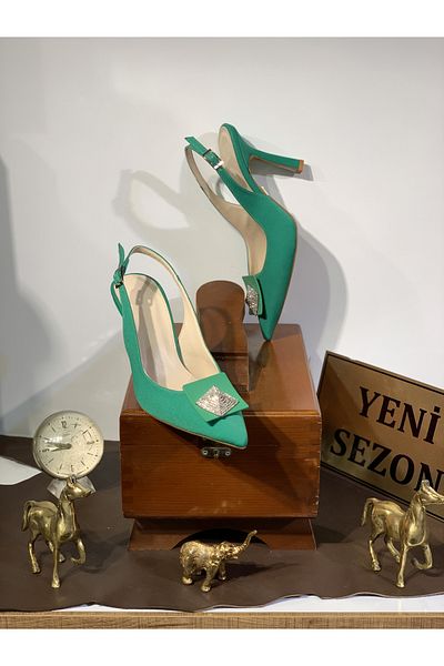 Beyoğlu Stone Buckle Front Goblet Heel Pointed Toe Open Back Comfortable Fit Stylish Evening Dress Heeled Shoes
