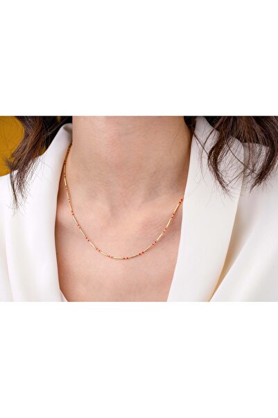 Onseva Kuyumculuk Renkli Mineli Noktalı Çubuklu Zincir Kolye 14 Ayar Altın