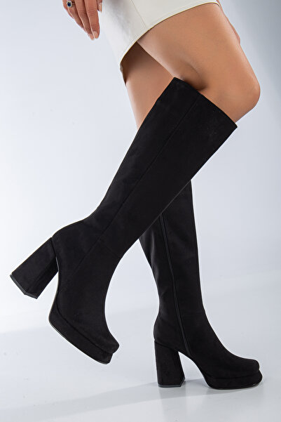 LİLLA Women's Platform Thick Heeled Square Toe Below the Knee Boots