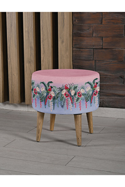 Armi Puf Tropik Papağan Desenli Ayaklı Puf 2 Kırlent Kılıfı
