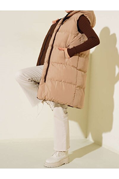 GÖKÇE CLOTHİNG Women's Double-Sided Long Hooded Sleeveless Puffer Vest