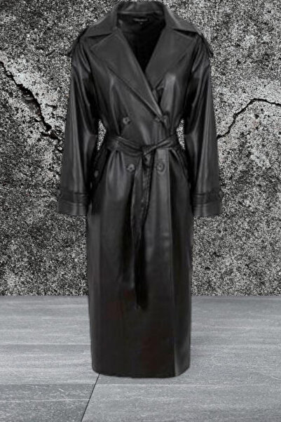 1Moda1Tarz Kadın Siyah Suni Deri Gömlek Yaka Düğmeli Astarlı Kuşaklı Trençkot Ceket Kaban