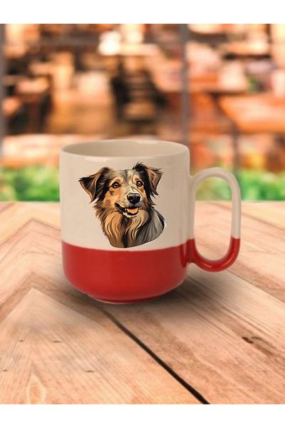 lili hediyelik Red Base Mug with Dog - Ceramic Tea, Coffee Gift Cup