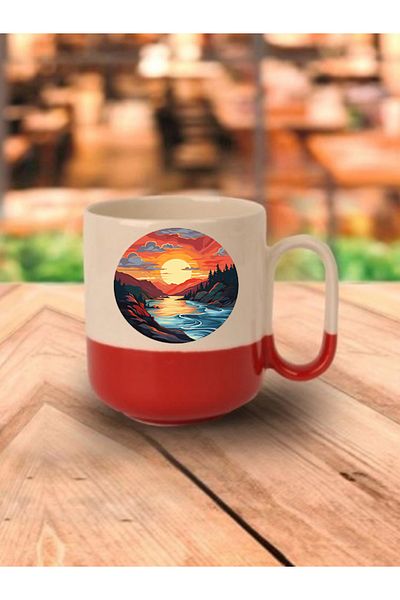 lili hediyelik Sunrise Printed Red Base Mug Cup - Ceramic Tea, Coffee Gift Cup