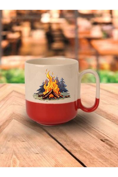 lili hediyelik Campfire Printed Red Based Mug Cup - Ceramic Tea, Coffee Gift Cup