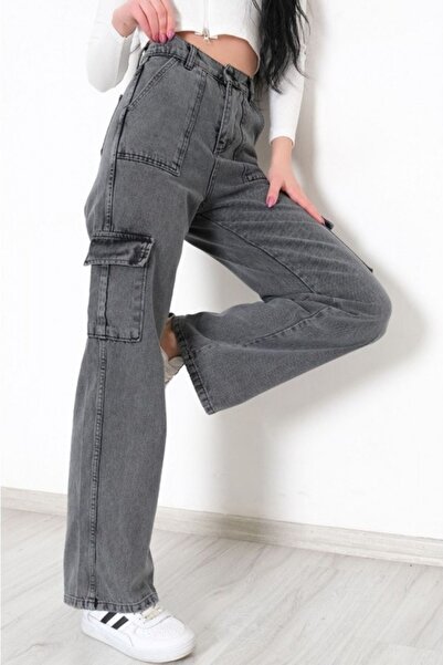 Your Consent Girls' Cargo Pocket Detailed High Waist Wide Leg Jeans