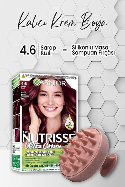 Garnier Nutrisse Krem Boya 4.6 Şarap Kızılı ve Masaj Şampuan Fırçası Pembe