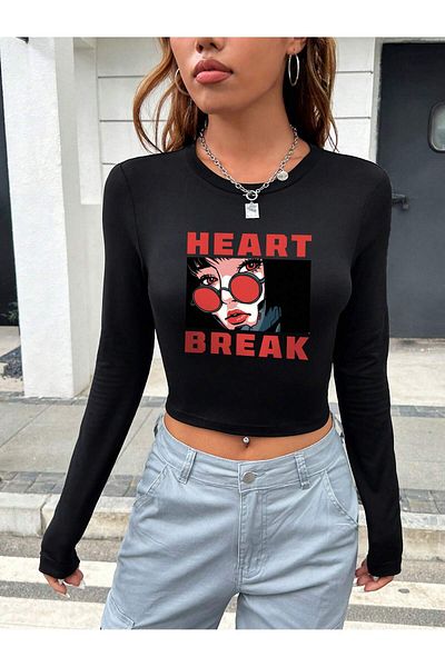 Bengi Clothing Μαύρη στάμπα - Μακρυμάνικη μπλούζα με ριμπ λαιμόκοψη