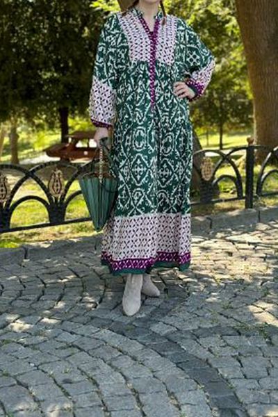 AYASOFYA OTANTIK Women's Green Purple Katleya Button Detailed Casual Dress