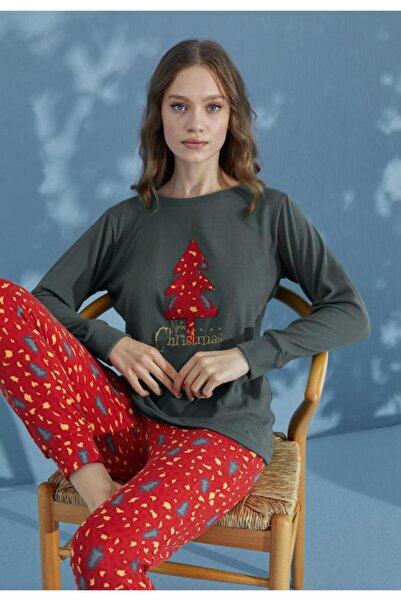 Deep Homewear Khaki Green Pine Tree Patterned Thermal Soft Pajamas Set