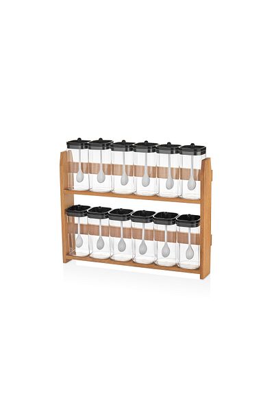 KukiWood Taco Set of 12 self-spooned spice jars, Wooden Spice Stand, Spice Bowl with Label