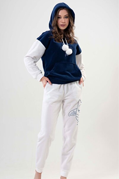 VİENETTA Жіночий темно-синій білий капюшон з капюшоном, низькими плечима, довгими рукавами, кишенями та помпонами, піжамний комплект