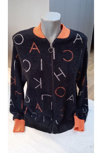 Whip Design Collar and Sleeve Part Orange Color Feather Textured Black Jacket