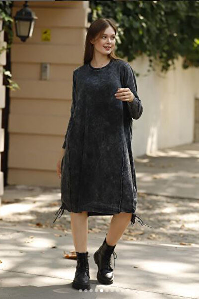 AYASOFYA OTANTIK Kadın Siyah Etek Kenarı Bağcıklı Yırtmaç Detaylı Eskitme Ove...