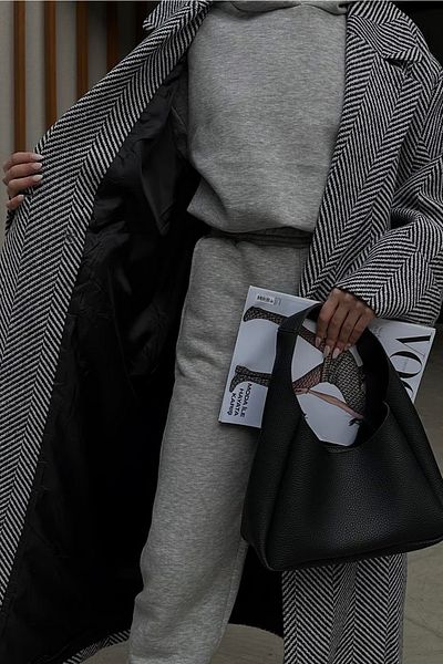 lovebox Thick Fabric Lining Herringbone Patterned Oversize Fit Midi Length 125 cm Gray Coat 23Y54329