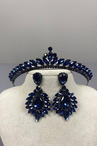 Hobigram Navy Blue Thin Ilayda Model Bridal Crown and Round Stone Earring Set – Crown, Crystal Stone, Stylish Model