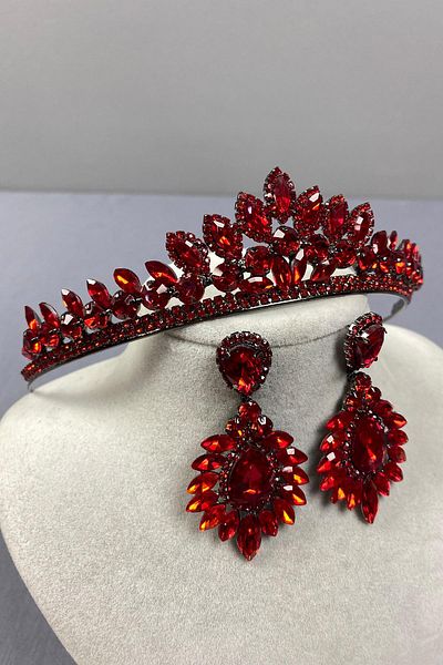 Hobigram Red Leyla Model Henna Bridal Crown and Drop Shuttle Stone Earring Set – Crown, Crystal Stone, Stylish Fashion