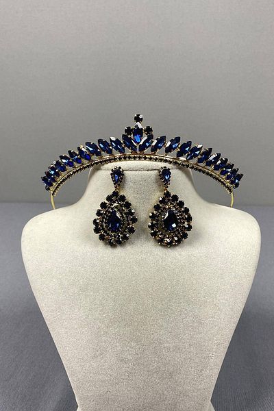 Hobigram Navy Blue Gold Thin Ilayda Model Bridal Crown and Drop Stone Earring Set – Crown