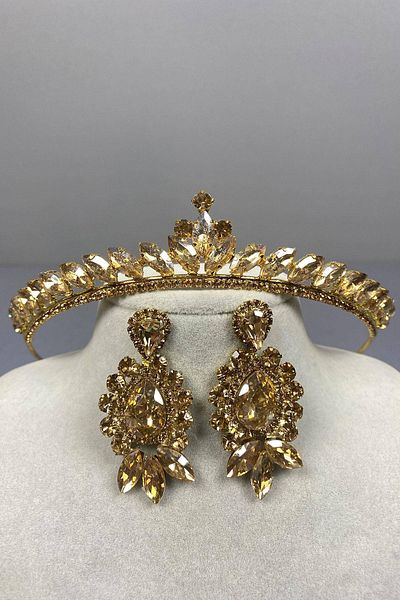 Hobigram Honey Color Thin Ilayda Model Bridal Crown and Thin Shuttle Earring Set – Crown, Crystal Stone, Stylish Model