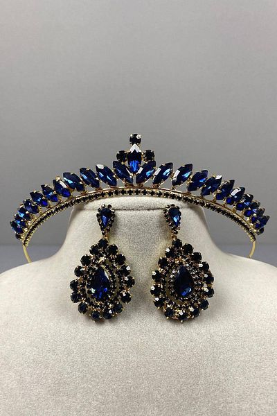 Hobigram Navy Blue Gold Thin Ilayda Model Bridal Crown and Drop Stone Earring Set – Crown