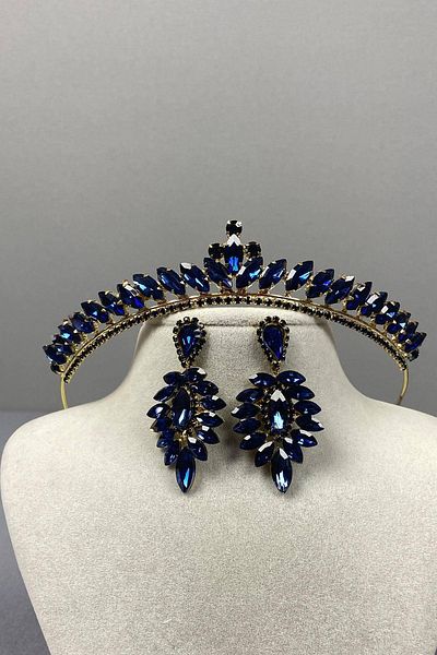 Hobigram Navy Blue Gold Thin Ilayda Model Bridal Crown and Thin Shuttle Earring Set – Crown