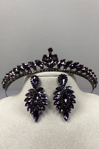 Hobigram Purple Color Thin Ilayda Model Bridal Crown and Thin Shuttle Earring Set – Crown, Crystal Stone, Stylish Model –