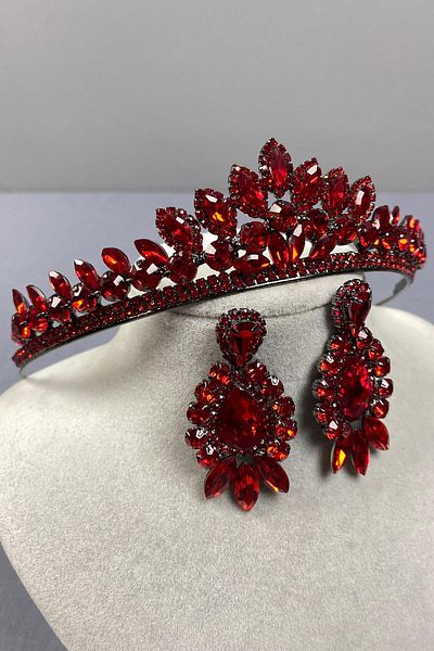 Hobigram Red Leyla Model Henna Bridal Crown and Three Shuttle Earrings Set – Crown, Crystal Stone, Stylish Model – Crown –