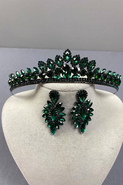 Hobigram Green Leyla Model Henna Bridal Crown and Thin Shuttle Earring Set – Crown, Crystal Stone, Stylish Model – Crown –