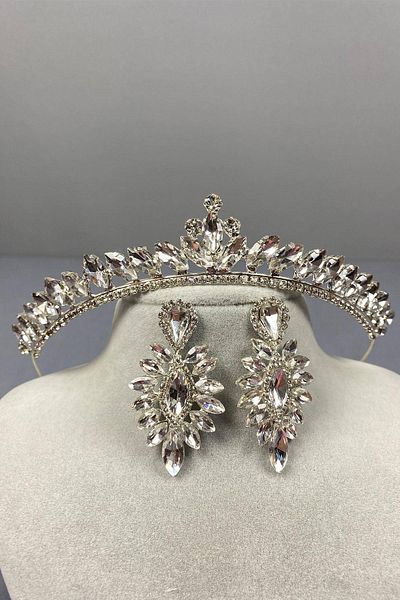 Hobigram Set de coroană de mireasă model Ilayda fină argintie și cercei subțiri – Coroană, piatră de cristal, model elegant – Ta