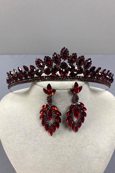 Hobigram Set de coroană de mireasă și cercei cu pietre de model Leyla Burgundy Leyla – Coroană, piatră de cristal, model elegant – Coroană