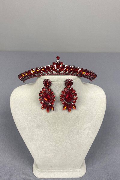 Hobigram Red Thin Ilayda Model Bridal Crown and Drop Stone Earring Set – Crown, Crystal Stone, Stylish Model – t