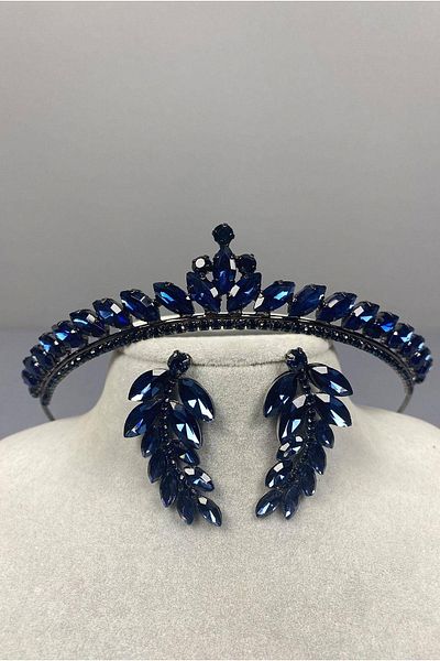 Hobigram Navy Blue Thin Ilayda Model Bridal Crown and Shuttle Stone Earring Set – Crown, Crystal Stone, Stylish Model –