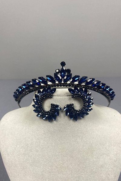 Hobigram Navy Blue Thin Ilayda Model Bridal Crown and Leaf Stone Earring Set – Crown, Crystal Stone, Stylish Model –